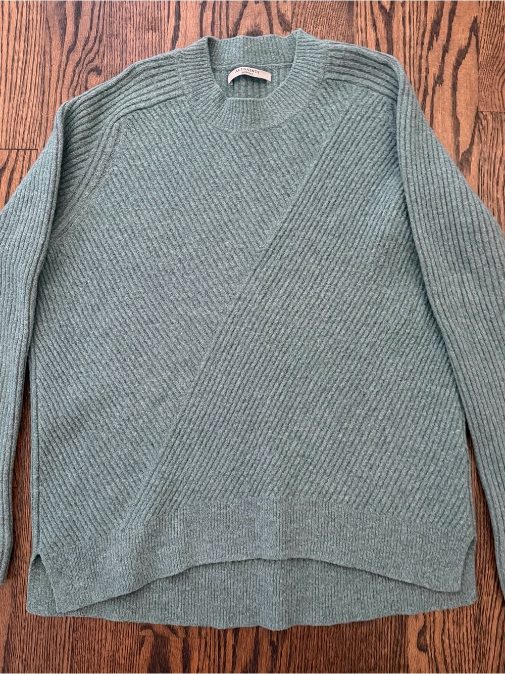 All Saints Women’s Sage Green Diagonal Rib Oversized Crewneck Sweater Sz M